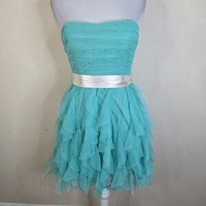 Teeze Me Y2K Vintage Strapless Dress Fairy Ruffle Tulle Aqua Green Formal Party